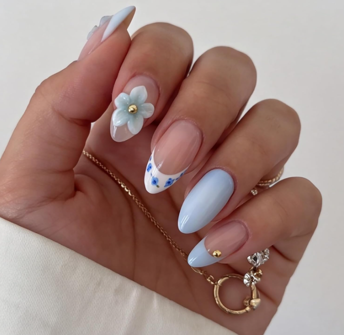 24-Piece Press On Nails Blue French Style with Orchid and Polka Dot Design, ABS Artificial Fake Nails Set for Everyday Wear and Parties - Image 4