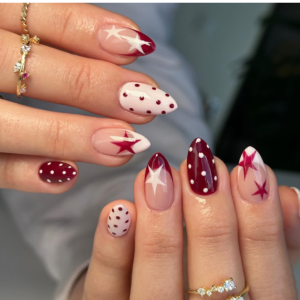 Press On Nails, Polka Dot Fake Nails with Star Design for Special Events and Daily Wear, Almond Shaped Nail Extensions Set with 24 Pieces