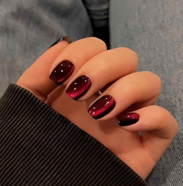 24PCS Cat Eye Press on Nails, Ruby Red Stick on Nails for Women, Short Square Artificial Nails for DIY Beauty, Nail Extensions Kit