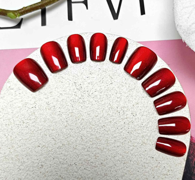 24PCS Cat Eye Press on Nails, Ruby Red Stick on Nails for Women, Short Square Artificial Nails for DIY Beauty, Nail Extensions Kit - Image 4