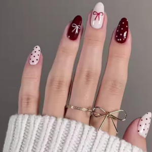 Press On Nails for Women | Red & White Bow & Polka Dot Design | Glossy Artificial Fake Nails | Reusable Nail Art | Salon Look at Home | Pack of 24
